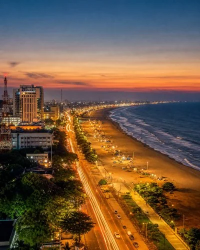 Chennai coastal skyline with Marina Beach and modern urban landscape