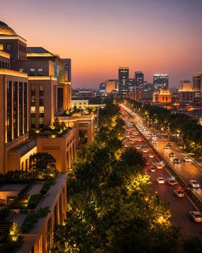 Delhi city street with modern architecture and India Gate visible in the distance