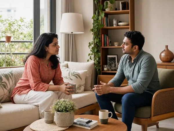 Friends sharing a warm comfortable moment in a modern living room